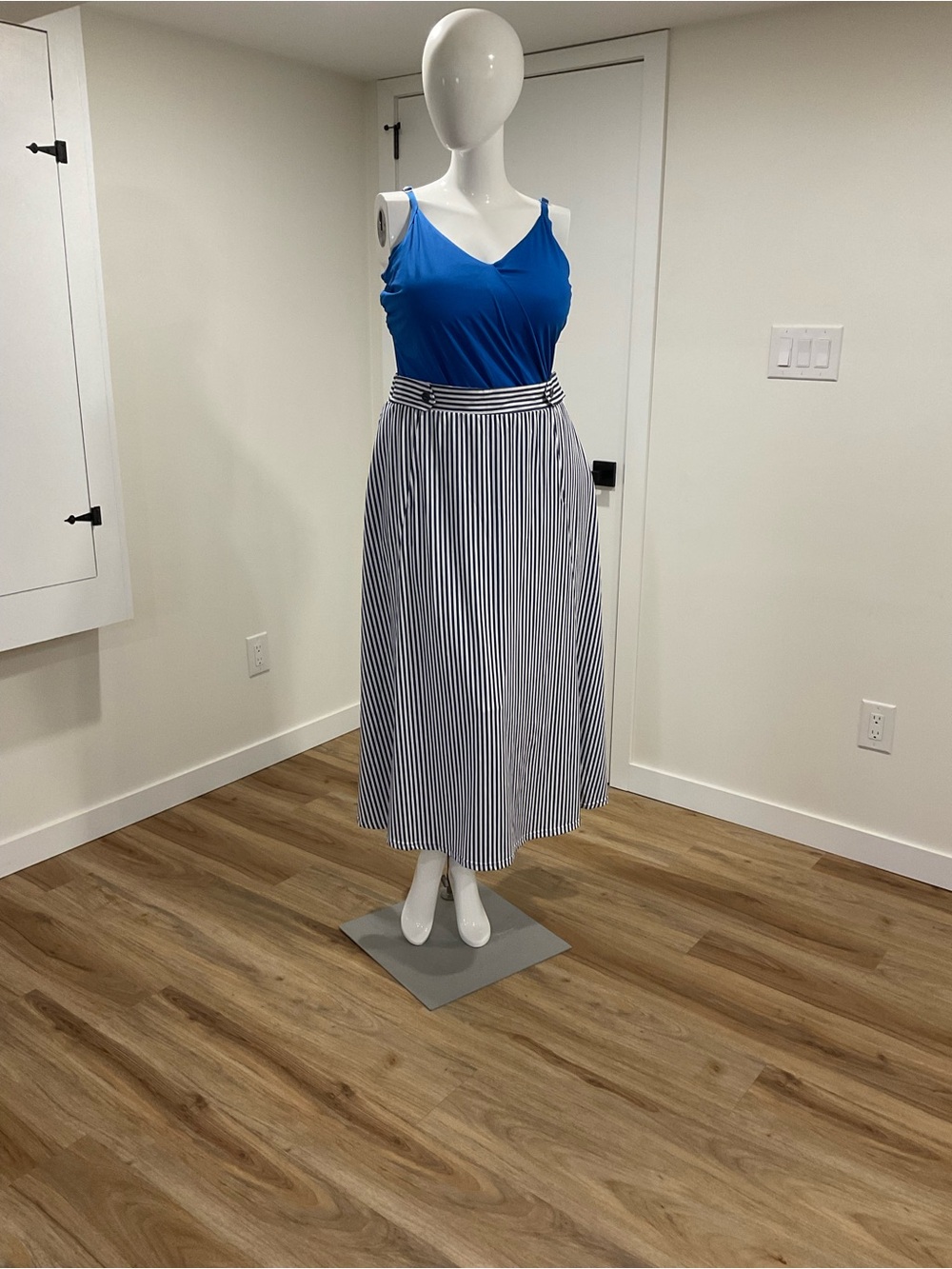 Robert Louis Blue Tank with Navy & White Striped Midi Skirt
